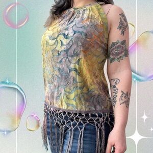 vtg y2k rain boho coachella sheer burnout tie dye textured top w fringe, sz sm
